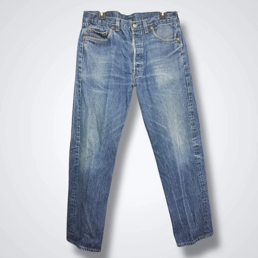 Levis 501 Jeans Mens 36 X 33 Solid Blue Denim Button Fly Straight Y2K